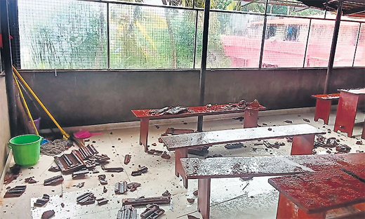 School roof damaged as strong winds blow away tiles during classes in Puttur 